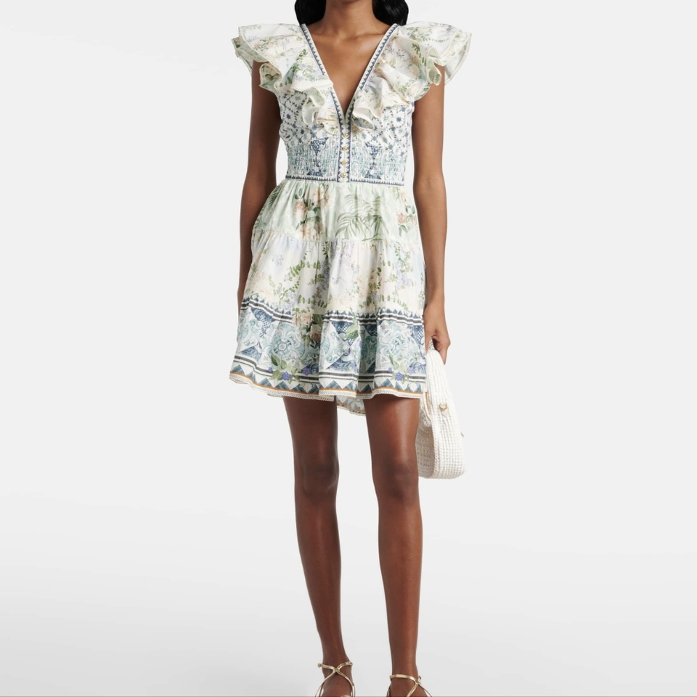 Camilla tiered short dress with neck frill